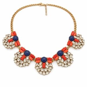 J.Crew Coral Red & Navy Crystal Cluster Statement Necklace Gold Tone